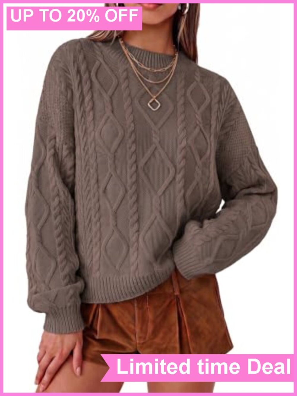 Women's Oversized Cropped Cable Knit Cotton Pullover Sweater